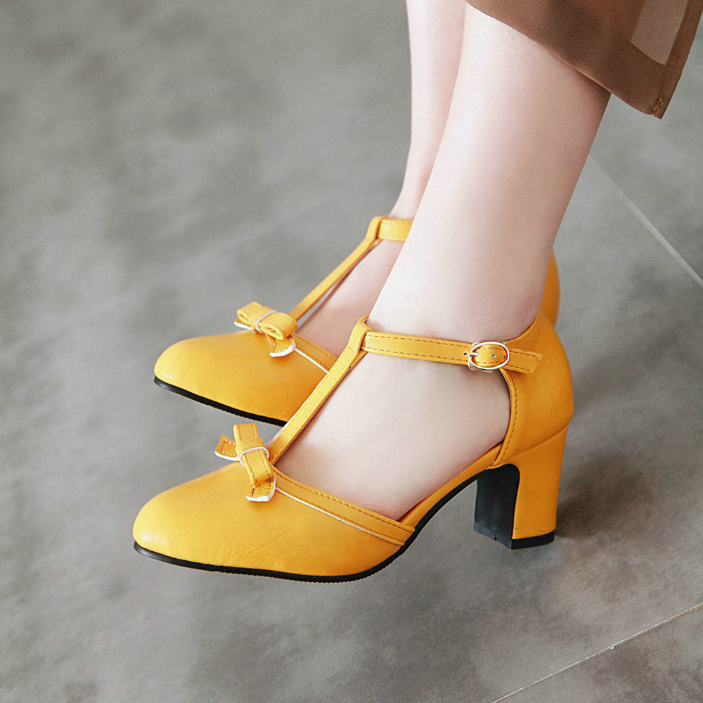 Women t strap bowknot closed toe buckle side cut chunky heels