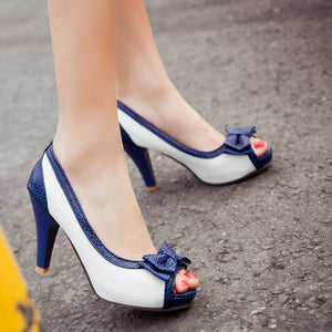 Women peep toe dots bowknot cute chunky high heels