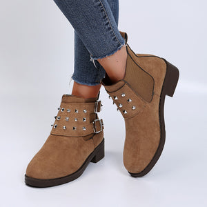 Women studded buckle strap chunky heel slip on short boots