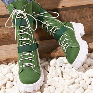 Women chunky platform lace up buckle strap mid calf motorcycle boots