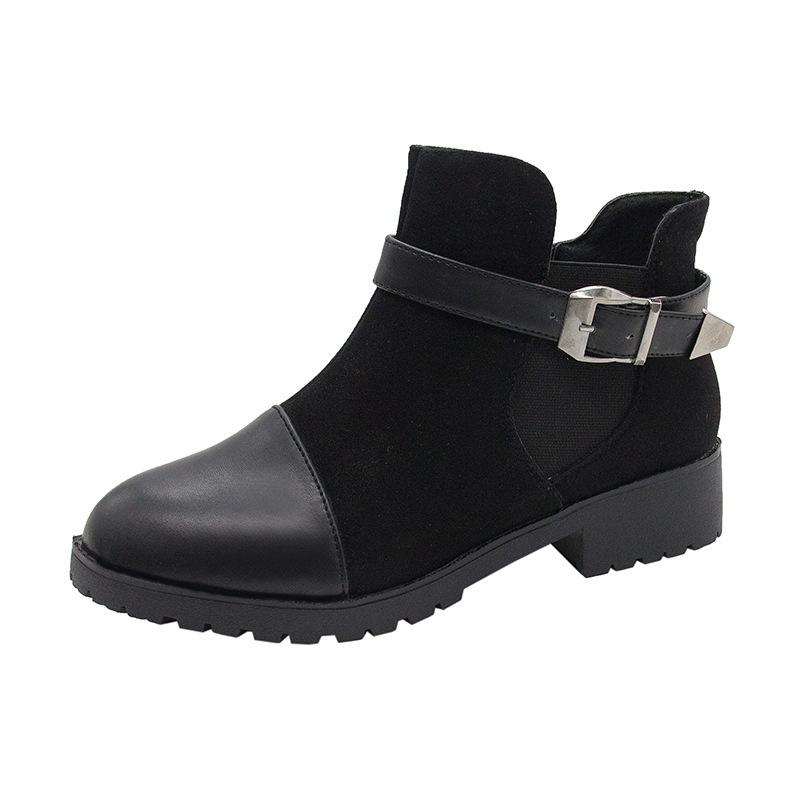 Women color block buckle strap chunky heel ankle boots