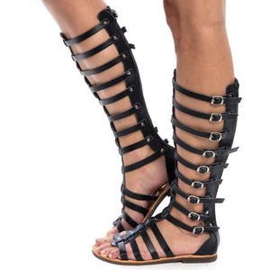 Women peep toe flat hollow strappy buckle zipper gladiator sandals