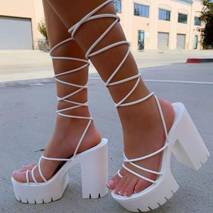 Women criss cross strappy lace up platform chunky heels