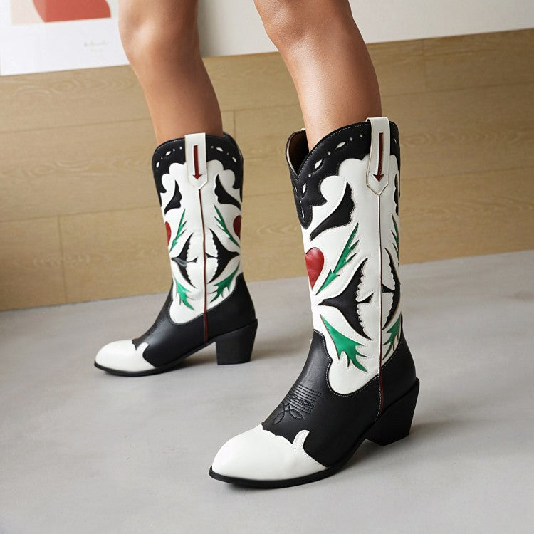 Women color block embroidered hollow chunky heel mid calf boots