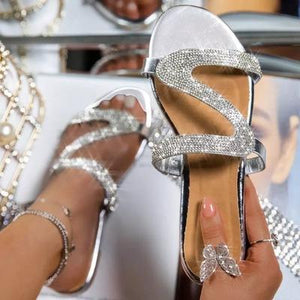 Women rhinestone strap summer beach slide flat sandals