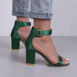 Women minimalist solid color buckle strap open toe hollow chunky heels