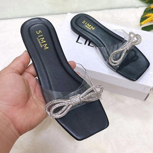 Women rhinestone bowknot square peep toe slide flat sandals