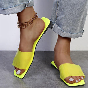 Women neon square peep toe strap summer slide sandals