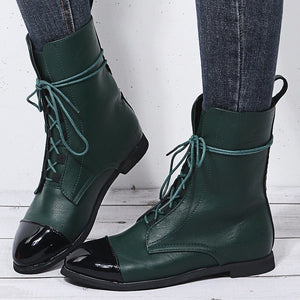 Women England style pointed toe lace up low heel booties