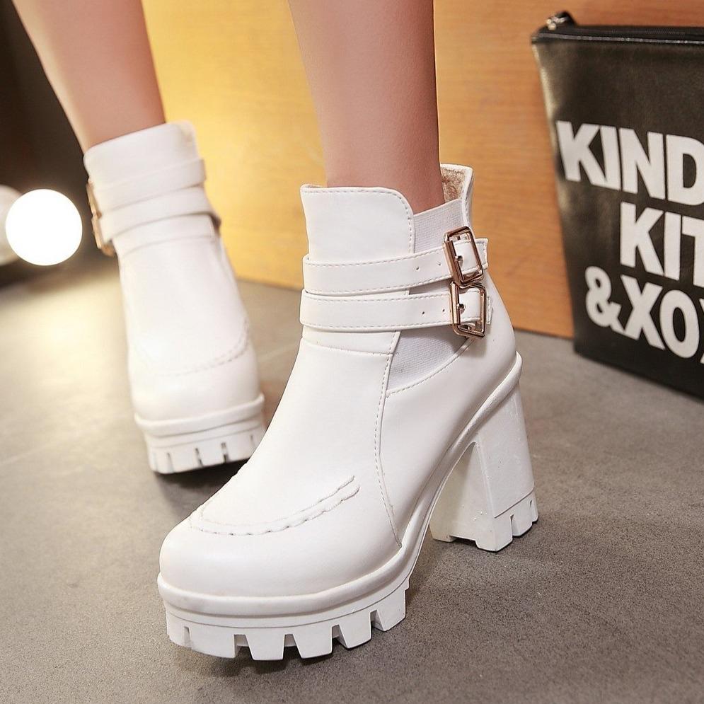 Women chunky heel platform buckle strap stitching winter boots