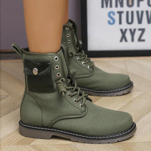 Women low heel short lace up boots with pocket