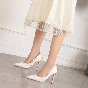 Women silk pointed toe metal flower decor stiletto high heels