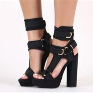 Women peep toe hollow buckle strap slingback platform chunky heels