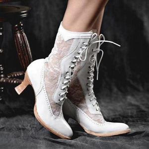 Women lace flower lace up mid calf chunky heel boots