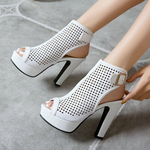 Women platform heels hollow slingback peep toe booties