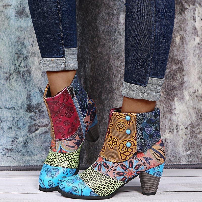 Women retro flowers printed side zipper chunky high heeled booties