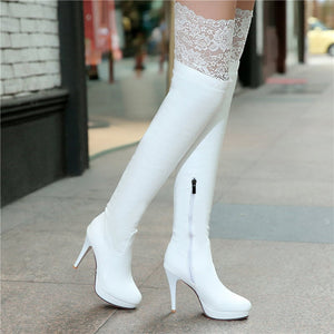 Women platform stiletto high heel lace thigh high boots