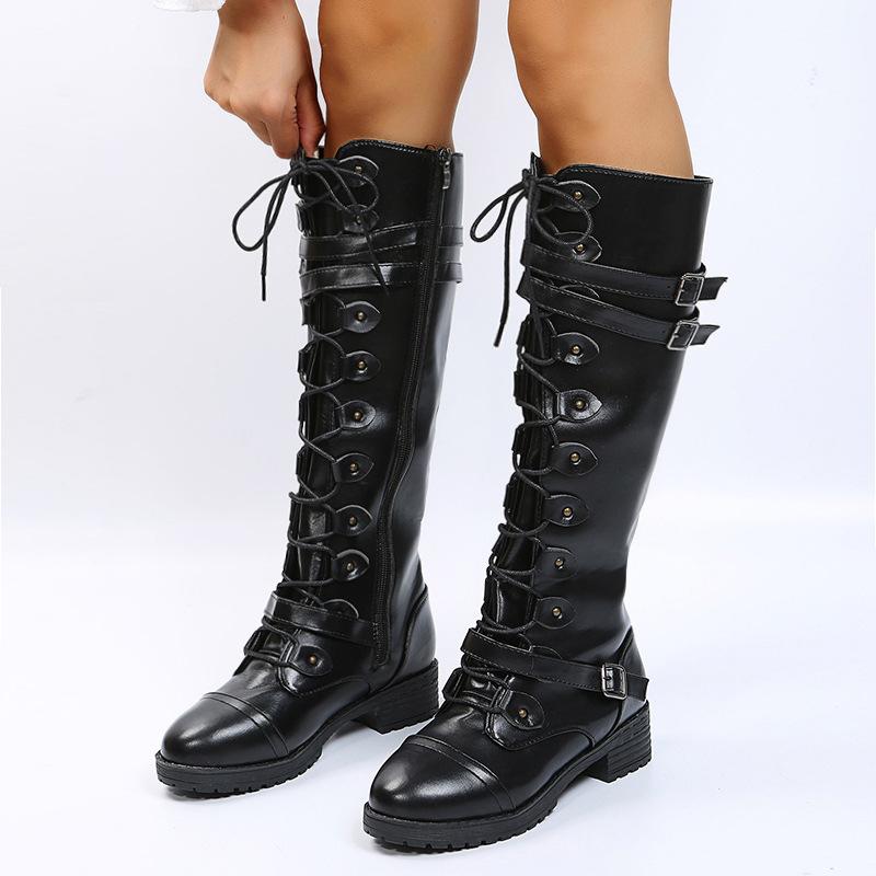 Women knee high chunky heel buckle strap lace up boots