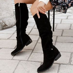 Women faux suede side zipper round toe fashion knee high boots