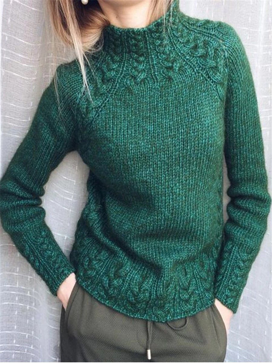 Women Vintage Green Cotton-Blend Turtleneck Sweater