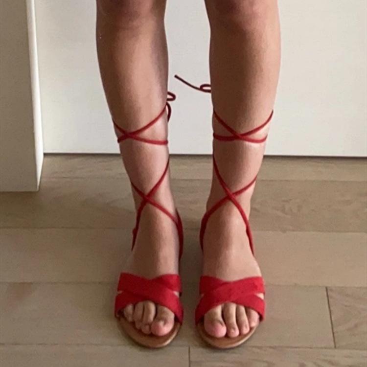 Women criss cross peep toe strappy lace up flat sandals