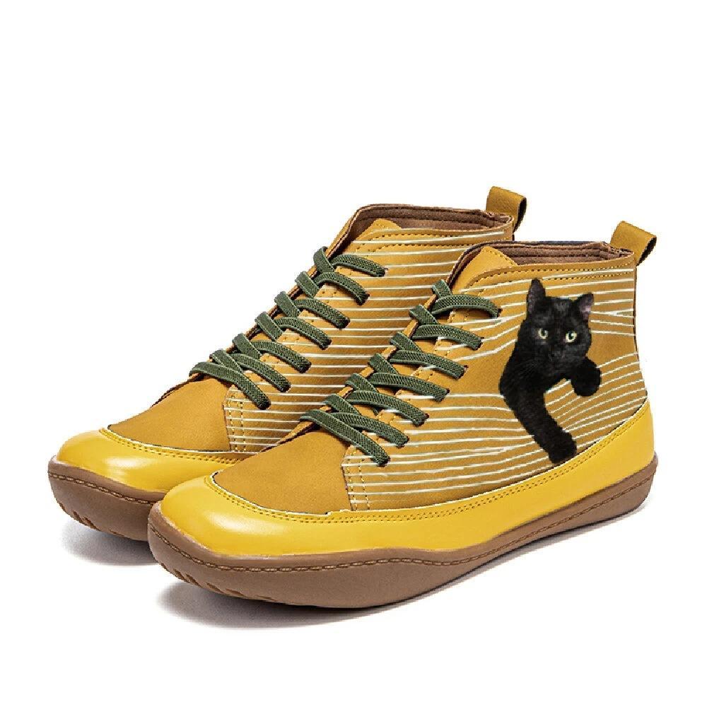 Women cat printed lace up comfortable flat boots