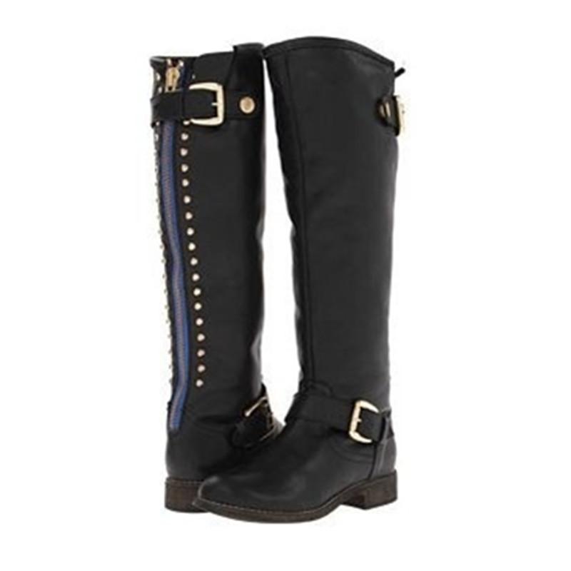 Women chunky heel studded buckle strap zipper knee high cowboy boots