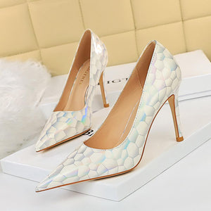 Women pointed toe metal printed mirror stiletto high heels