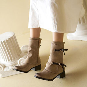 Women retro short buckle strap side zipper chunky heel boots