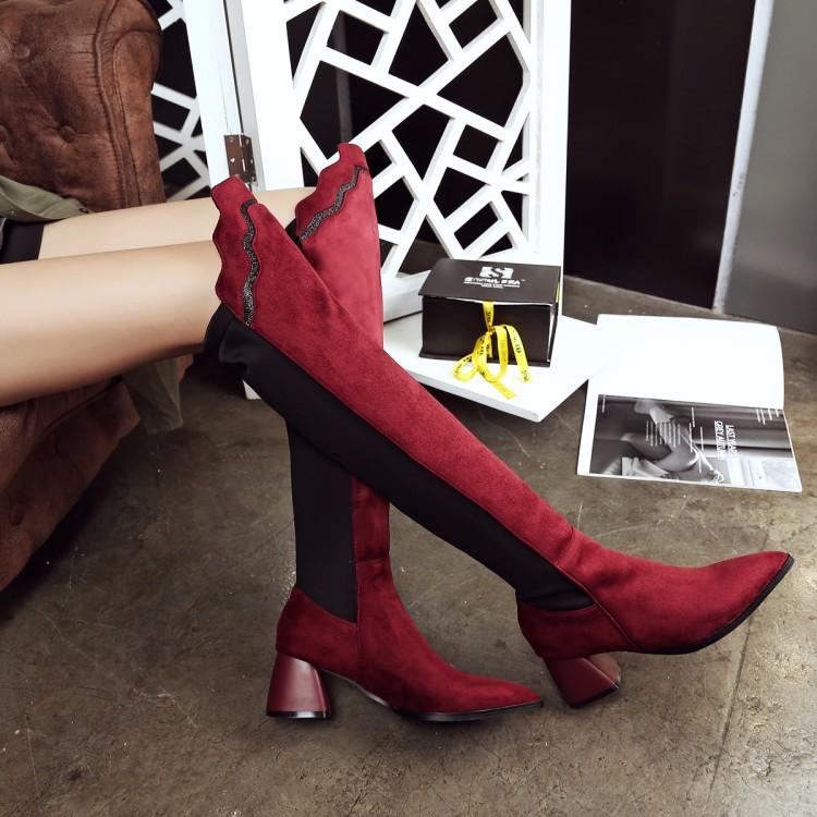 Women color block chunky heel pointed toe over the knee boots