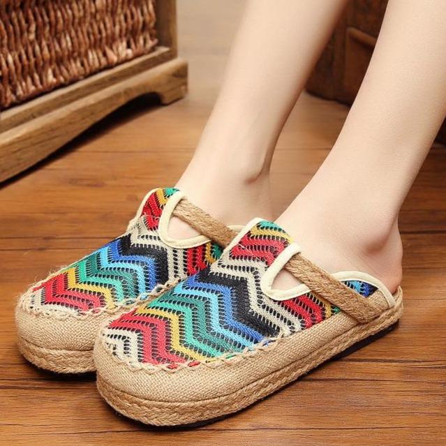 Women rainbow round closed toe linen slide sandals