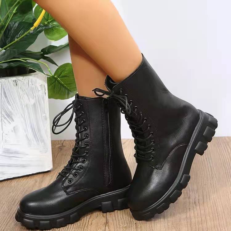 Women combat boots England style mid calf chunky platform boots with side zipper