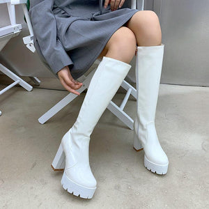 Women chunky high heel platform zipper knee high booots