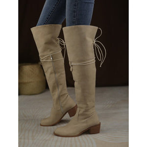 Women over the knee boots back lace up faux suede chunky heel boots with zipper