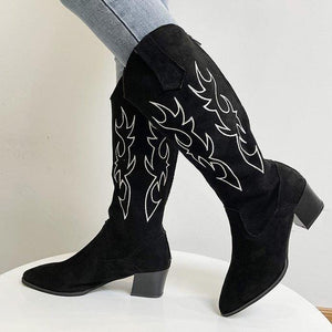 Women chunky heel embroidered mid calf cowboy boots