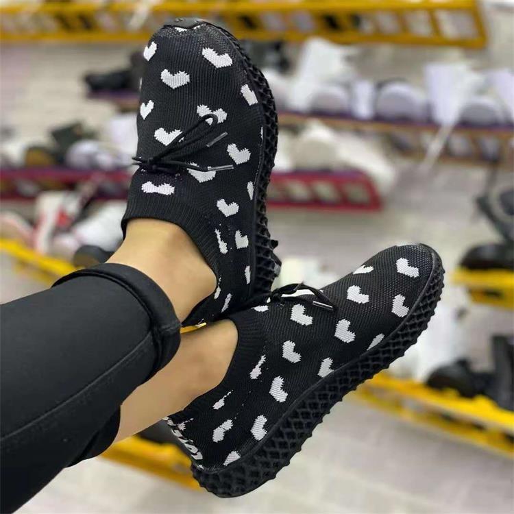 Women heart printed lace up flat heel sock sneakers