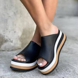 Women platform wedge color block peep toe slide sandals