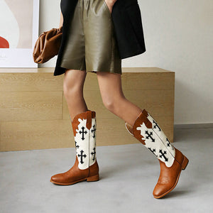 Women color block embroidered chunky heel mid calf boots