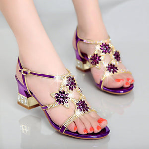 Women rhinestone flower hollow buckle open toe chunky ankle strap heels