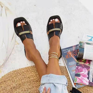 Women fashion chain d¨¦cor hollow strap slide flat sandals