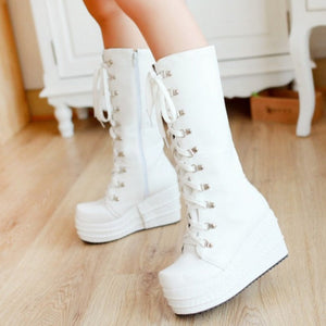 Women winter knee high lace up chunky platform boots