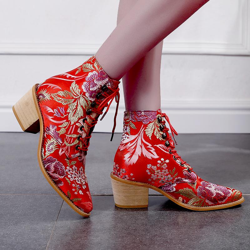 Retro embroidery lace-up ankle boots pointed toe block heel boots fashion ankle boots for women