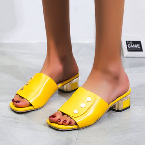 Women square peep toe medium chunky heel slide sandals