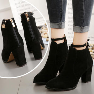 Women buckle strap back zipper ankle chunky high heel boots