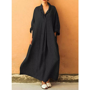 Plus Size V-neck Long Sleeve Solid Color Casual Loose Maxi Dress