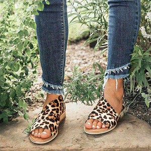 Leopard Peep Toe Side Hollow Low Chunky Sandals