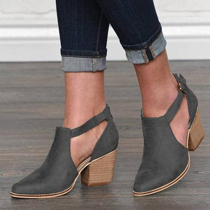 Ankle strap buckle block heel pointed toe ankle boots