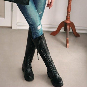 Women chunky platform knee high criss cross lace up motorcycle boots