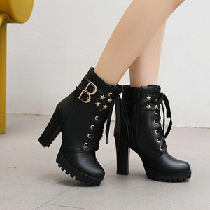 Women star studded buckle strap block high heel platoform boots