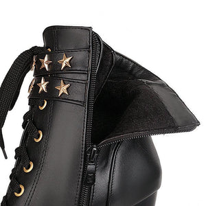 Women star studded buckle strap block high heel platoform boots